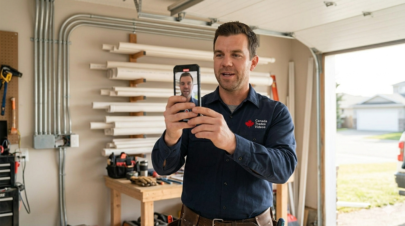 Tradesperson filming vertically on a job site